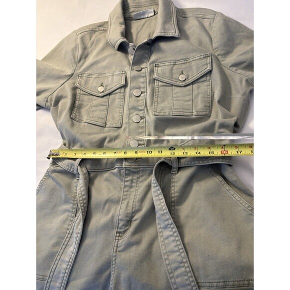 LANE BRYANT Olive Green Denim Jumpsuit 16 Petite Belted Straight Leg Utility 70s - Picture 16 of 16